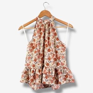 Monteau High Neck Blouse Size S Cream Orange Floral Print Tie Neck Racerback